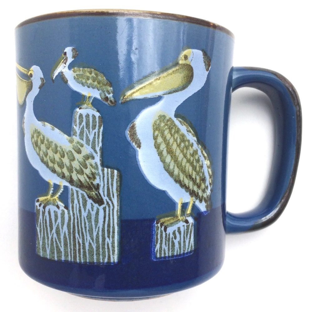 Vintage Pelican Coffee Mug Blue White Yellow Nautical Coastal Bird Coffee Cup